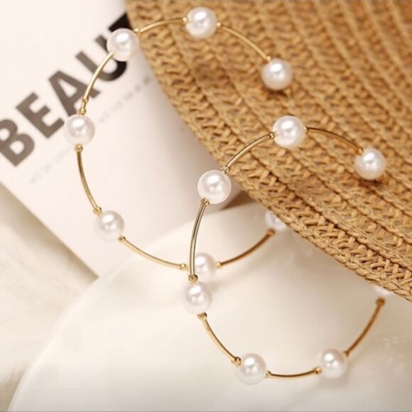 Pearl Inspired Hoop Earrings. - Picture 1 of 4